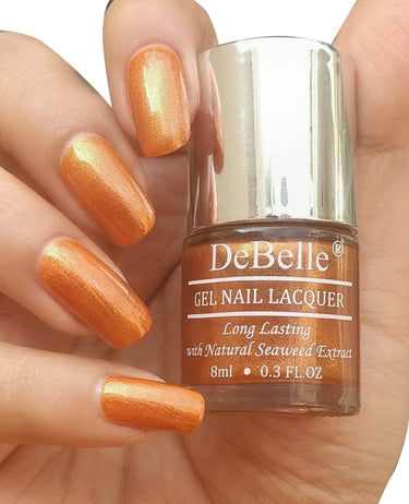 DeBelle Gel Nail Polish Aurora (Amber with Copper Glitter Nail Paint)|Non UV - Gel Finish |Chip Resistant | Seaweed Enriched Formula| Long Lasting|Cruelty and Toxic Free| 8ml